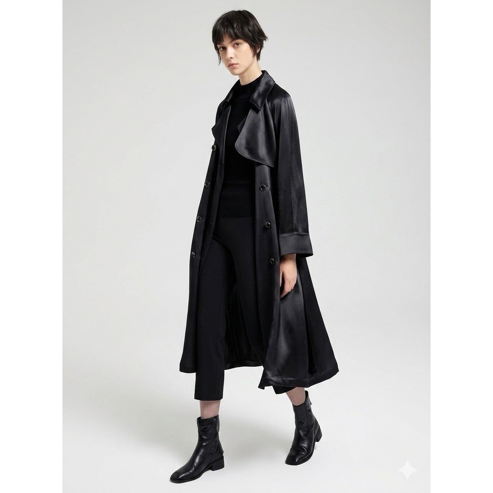 LATTELIER | Double Breasted Satin-Look Black Trench Coat Women's M